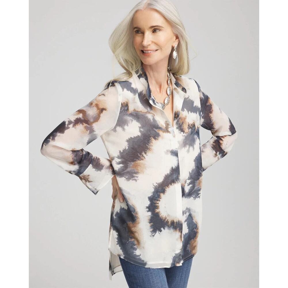 Chicos High Low Tunic Tie Dye Dance Long Sleeve Top Size 3 US16 Helium Boho NWT